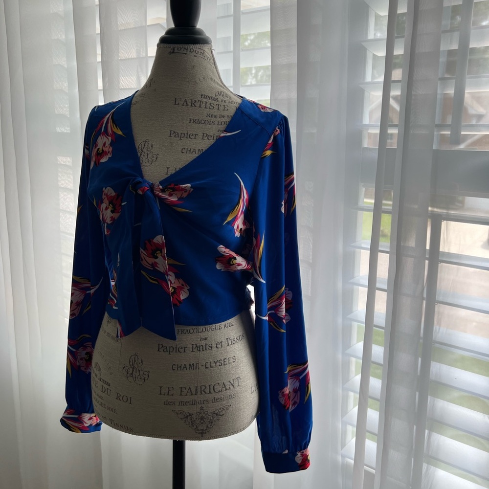 Express Blue Long Sleeve Floral Top, Size M